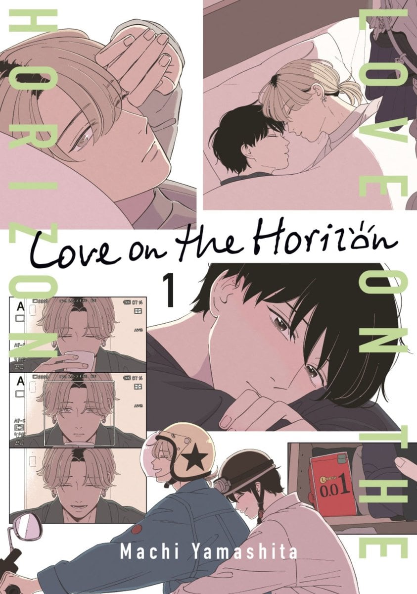 The cover of Love on the Horizon by Machi Yamashita depicting a collage of pictures of two characters. There is an image of them in bed, them riding a moped together, a photo strip of one of them laughing, and the two of them looking at each other in bed.