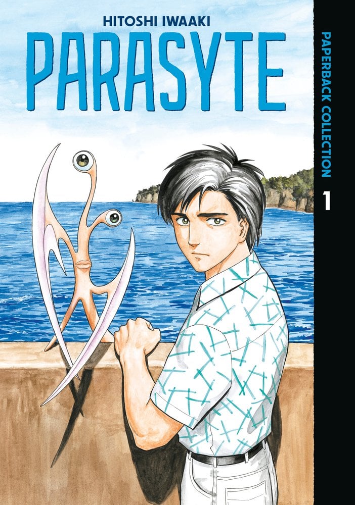 Parasyte by Hitoshi Iwaaki, a manga cover depicting a man with an alien taking over his hand, standing by the ocean.