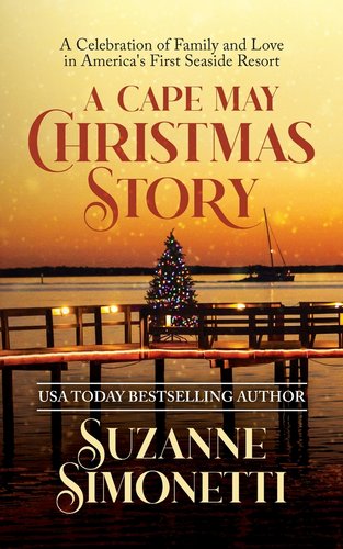 A Cape May Christmas Story by Suzanne Simonetti, book cover. Sunset by a body of water with a lit-up Christmas tree in the center.