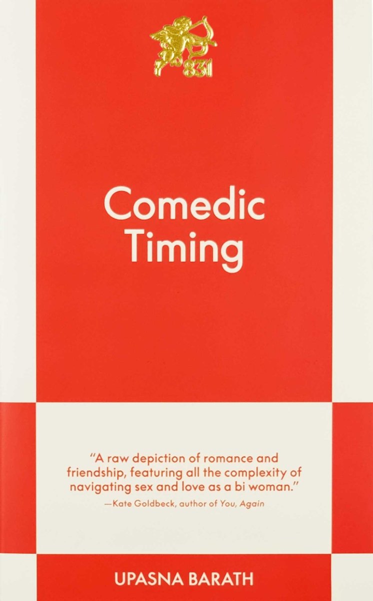 The book cover for Comedic Timing by Upasna Barath, which is a plain, checkered red and cream cover with cream-colored text.