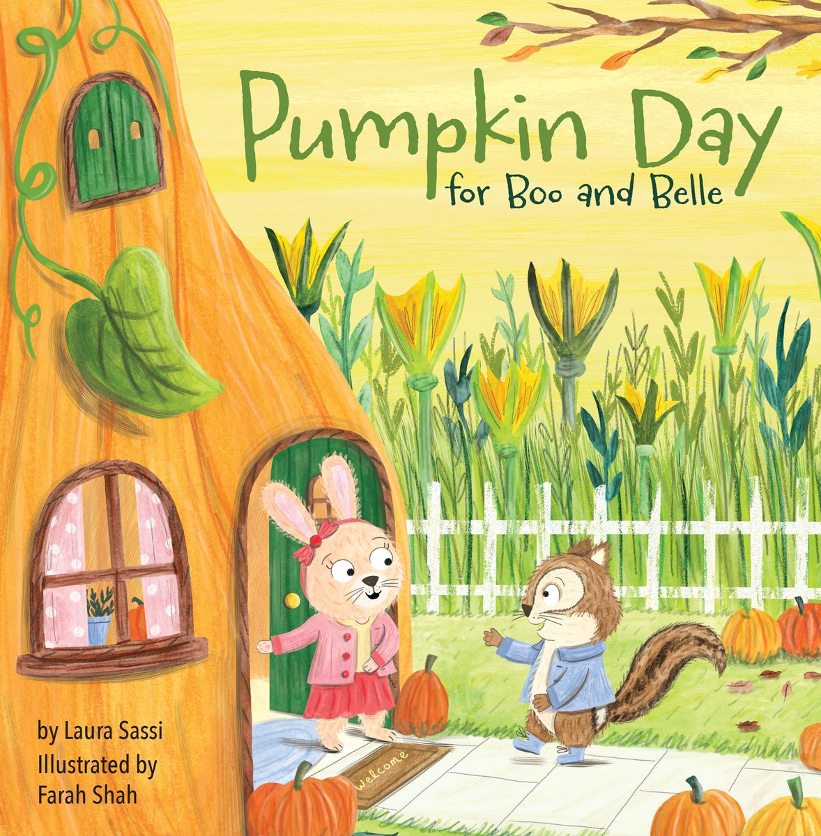 Pumpkin Day for Boo and Belle, a children's book by Laura Sassi. The cover is an illustration of a golden autumn backdrop with a chipmunk and bunny standing outside of a pumpkin-shaped house.