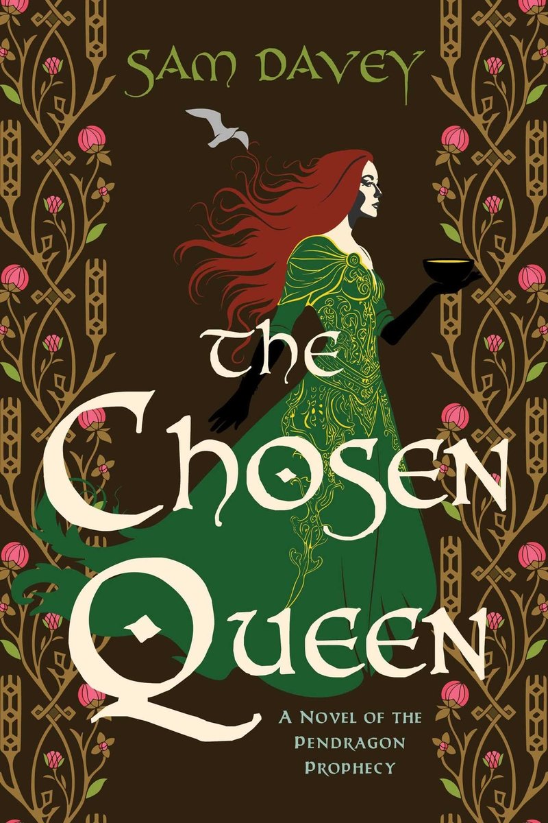 The cover of The Chosen Queen, a feminist retelling of Camalot, depicts a pale woman with long, flowing red hair and a green gown with gold patterns against a brown background. On the left and right side of the cover is flower pattern running down the cover.