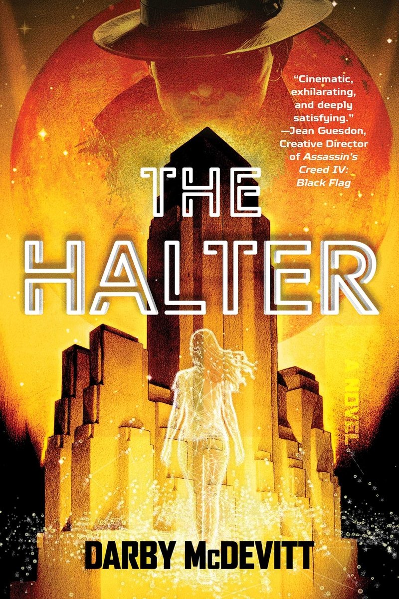 A cyberpunk city of gold with a looming detective shadow hanging over it. There is a holographic woman walking towards the gold buildings. The title is in white and author's name in black.