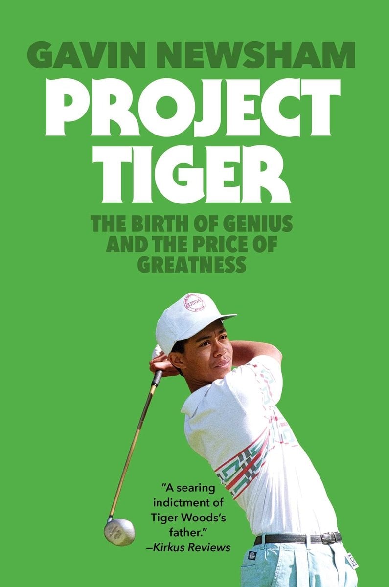 Project Tiger by Gavin Newsham, a nonfiction book cover depciting a young Tiger Woods swinging a golf club. The background of the cover is a bright, pastel green.