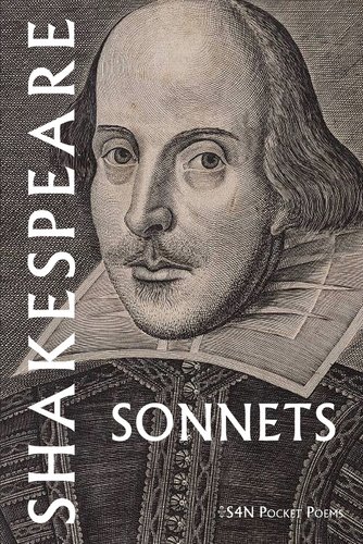 The cover of an edition of Shakespeare's Sonnets, which is written in white text framing, a black and white image of an engraving of William Shakespeare.