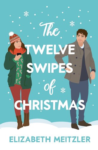 A woman stands on the left side and a man stands on the right side. They are both dressed in winter apparel and standing in the snow. Snowflakes fall around them. They are set against a sky-blue background. The title is large and sits between the man and woman in the center. The author's name is at the bottom in sky-blue lettering.