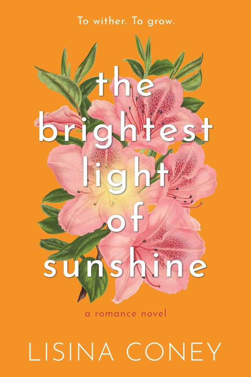 The Brightest Light of Sunshine by Lisina Coney. A cluster of pale pink flowers and leaves are visible behind the simple white title text, all over a warm orange background.