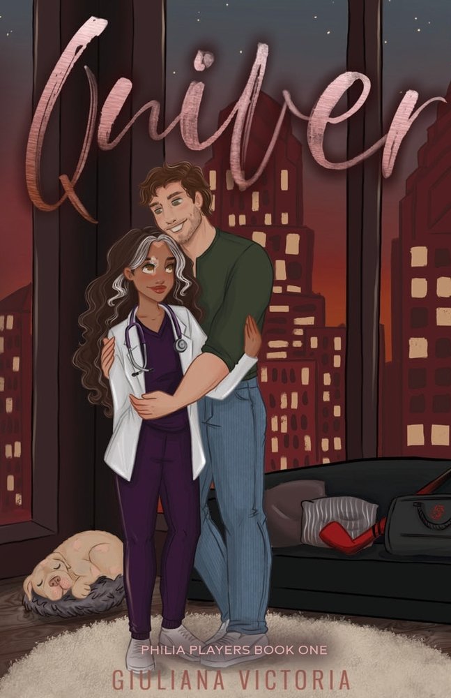 Quiver by Guilianna Victoria book cover. Kat and Alessandro hugging in a high rise penthouse overlooking the city skyline with a sleeping dog behind them.