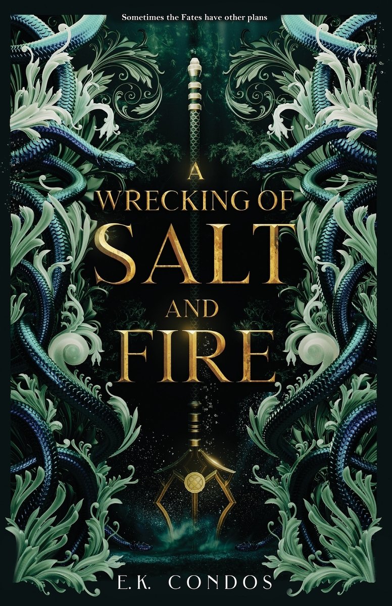 Cover of "A Wrecking of Salt and Fire," by E.K. Condos. Snakes and green plants line the frame with an upside down trident in the middle.