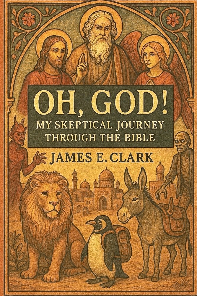 Oh, God! My Skeptical Journey Through the Bible by James Clark a nonfiction book cover depictingillustrations similar to the bible but with a backpack wearing penguin and zombie.